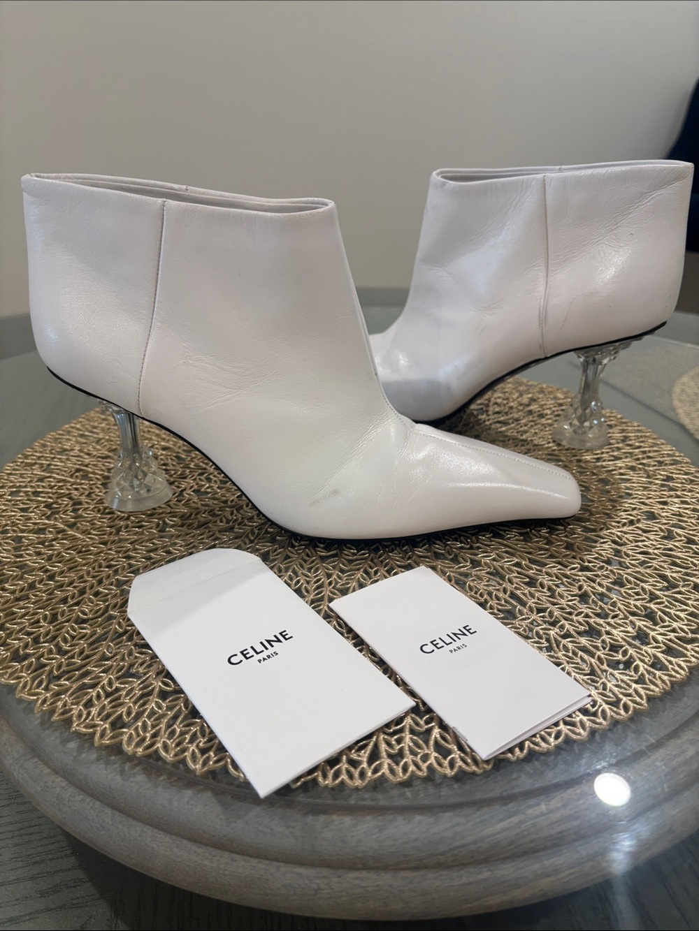 Celine size 36.5 White Leather Pointed-Toe Ankle Booties, Sculpted 3 inch heel.